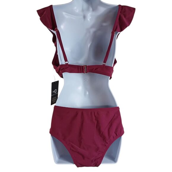 NWT Modern Collective Ruched Ruffle Bikini Set M Wine V-Neck High Waist Swimsuit - Picture 5 of 8